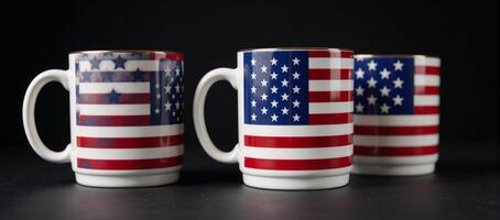 Illustrated mugs featuring American flags on a dark background in a boldly patriotic festive design at ultrahigh resolution photo