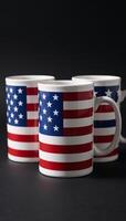 Illustrated mugs featuring American flags on a dark background in a boldly patriotic festive design at ultrahigh resolution photo