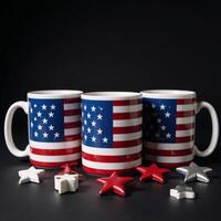 Illustrated mugs featuring American flags on a dark background in a boldly patriotic festive design at ultrahigh resolution photo
