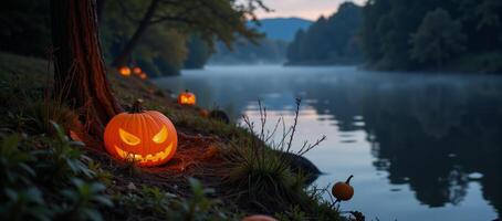 A misty riverbank bathed in the glow of luminescent pumpkins photo