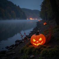 A misty riverbank bathed in the glow of luminescent pumpkins photo