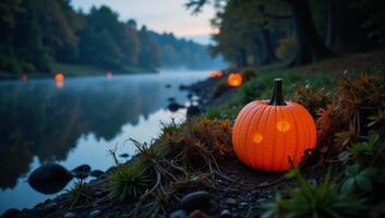 A misty riverbank bathed in the glow of luminescent pumpkins photo