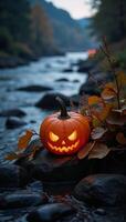 A misty riverbank bathed in the glow of luminescent pumpkins photo
