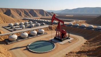 3D depiction showcasing a landscape of the petroleum industry featuring an oil pump by a pipeline near a bpvc reservoir and illustrating various aspects of petrochemical production photo
