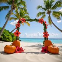 Exotic Halloween beach wedding scene pumpkins and hibiscus flowers with palm trees and turquoise waters photo