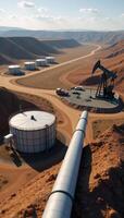 3D depiction showcasing a landscape of the petroleum industry featuring an oil pump by a pipeline near a bpvc reservoir and illustrating various aspects of petrochemical production photo