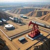 3D depiction showcasing a landscape of the petroleum industry featuring an oil pump by a pipeline near a bpvc reservoir and illustrating various aspects of petrochemical production photo