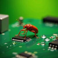 A closeup of a red insect perched atop a green electronic circuit board against a backdrop of lush greenery with water droplets and bokeh effects a stylized stock image photo