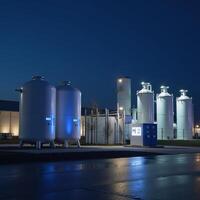 A 3D image showcases an innovative alternative energy plant highlighting a hydrogen factory at night complete with the H2 logo and highpressure tanks as well as advanced BPVC technology for hydrogen photo