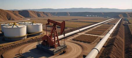 3D depiction showcasing a landscape of the petroleum industry featuring an oil pump by a pipeline near a bpvc reservoir and illustrating various aspects of petrochemical production photo