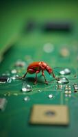 A closeup of a red insect perched atop a green electronic circuit board against a backdrop of lush greenery with water droplets and bokeh effects a stylized stock image photo