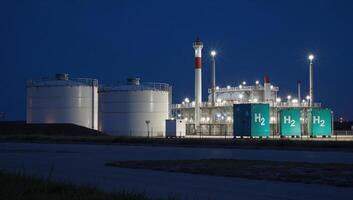 A 3D image showcases an innovative alternative energy plant highlighting a hydrogen factory at night complete with the H2 logo and highpressure tanks as well as advanced BPVC technology for hydrogen photo