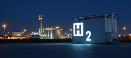 A 3D image showcases an innovative alternative energy plant highlighting a hydrogen factory at night complete with the H2 logo and highpressure tanks as well as advanced BPVC technology for hydrogen photo