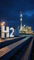 A 3D image showcases an innovative alternative energy plant highlighting a hydrogen factory at night complete with the H2 logo and highpressure tanks as well as advanced BPVC technology for hydrogen photo