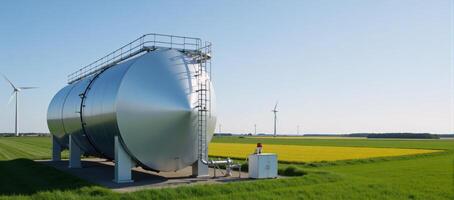 Solarwind power plant with hydrogen energy storage gas tank for ecofriendly electricity generation photo