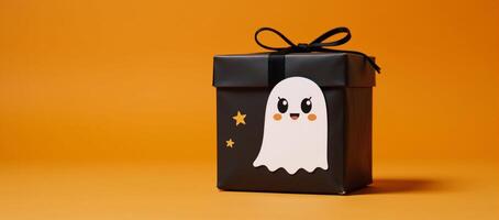 Cartoon ghost on an orangehued gift box for a cheerful Halloween theme photo