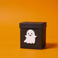 Cartoon ghost on an orangehued gift box for a cheerful Halloween theme photo