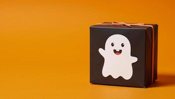 Cartoon ghost on an orangehued gift box for a cheerful Halloween theme photo