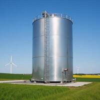 Solarwind power plant with hydrogen energy storage gas tank for ecofriendly electricity generation photo