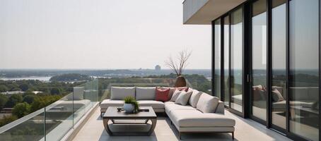 Modern balcony with contemporary decor showcased in a sleek photoshoot emphasizing its chic style photo