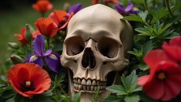 Skull surrounded by floral decoration photo