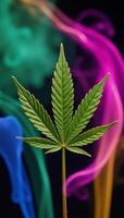 Closeup of colored cannabis leaf surrounded by swirling smoke forming a striking conceptual artwork photo