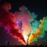 Nighttime vibrant display with multihued smoke illumination photo