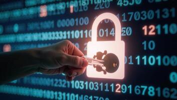 Digital key unlocks padlock on a virtual screen symbolizing cybersecurity and data protection against a backdrop of blurred binary code photo