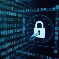 Digital key unlocks padlock on a virtual screen symbolizing cybersecurity and data protection against a backdrop of blurred binary code photo