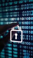 Digital key unlocks padlock on a virtual screen symbolizing cybersecurity and data protection against a backdrop of blurred binary code photo