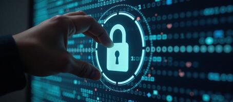 Digital key unlocks padlock on a virtual screen symbolizing cybersecurity and data protection against a backdrop of blurred binary code photo