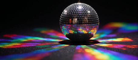 Vibrant rainbows reflected through a spinning cutout disco mirror ball photo