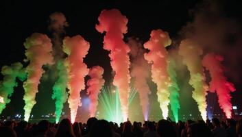 Nighttime vibrant display with multihued smoke illumination photo