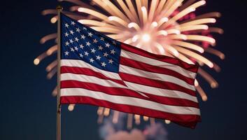 Vibrant display of fireworklit American flag against celebratory backdrop photo