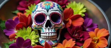 Flowerthemed sugar skull with a round shape photo