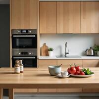 Modern wooden kitchen with natural wood elements table in foreground showcasing labeled jars kitchen gadgets and grocery items photo