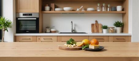 Modern wooden kitchen with natural wood elements table in foreground showcasing labeled jars kitchen gadgets and grocery items photo