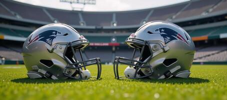 Two American Football Helmets facing off against one another atop a gridiron within a Stadium setting photo