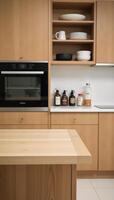Modern wooden kitchen with natural wood elements table in foreground showcasing labeled jars kitchen gadgets and grocery items photo