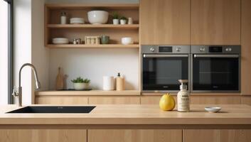 Modern wooden kitchen with natural wood elements table in foreground showcasing labeled jars kitchen gadgets and grocery items photo