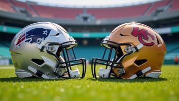 Two American Football Helmets facing off against one another atop a gridiron within a Stadium setting photo