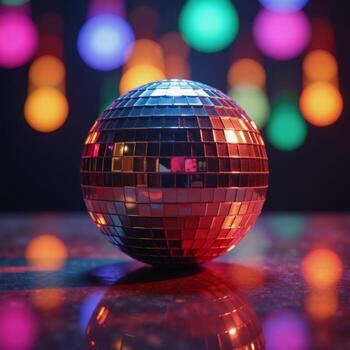 Photorealistic image featuring a disco ball with blinking lights against a blurred background photo