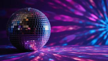 A disco ball shines against an abstract backdrop of colored rays and light effects Purple Pink Blue photo