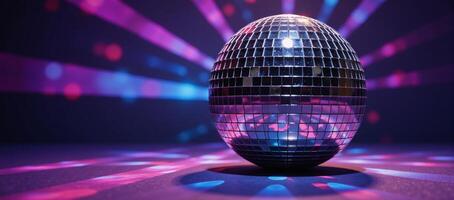 A disco ball shines against an abstract backdrop of colored rays and light effects Purple Pink Blue photo