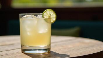Clear glass filled with a refreshing margarita drink and garnished with lime slice serves invitingly on a rustic wood table photo