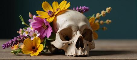 Skull adorned with floral arrangement photo