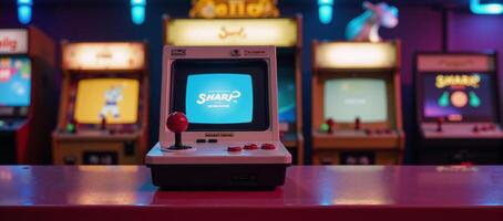 Cartoony depiction of a vibrant retro gaming console with exaggerated elements amidst arcade machines and neon lighting photo