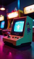 Cartoony depiction of a vibrant retro gaming console with exaggerated elements amidst arcade machines and neon lighting photo