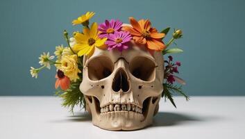 Skull adorned with floral arrangement photo