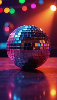Photorealistic image featuring a disco ball with blinking lights against a blurred background photo